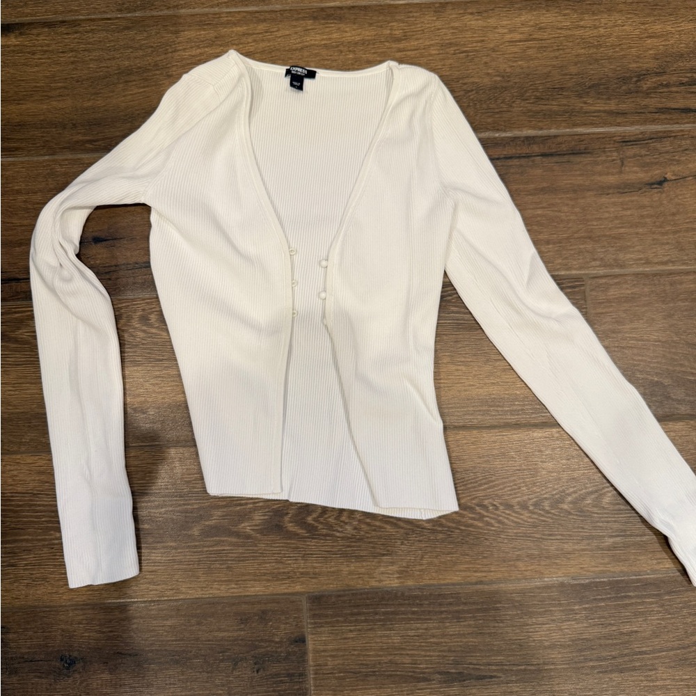 White Ribbed Button-Up Cardigan